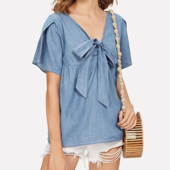 Mossimo tie to neckline chambray blouse soft denim boho blouse - Picture 1 of 8